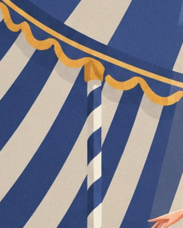 The blue and cream stripes of the big top, edged with golden scallops