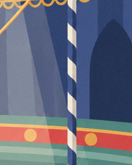 The blue and cream striped pole in front of the green stands and the big top drapes