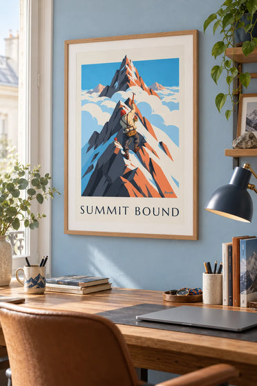 Affiche alpiniste sur une arête rocheuse vers le sommet : encadrée au mur