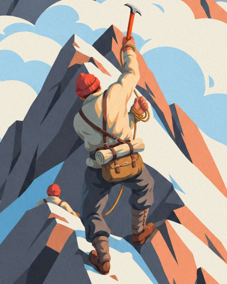 The mountaineer in a red hat, ice axe raised and rope at their waist on the rocky ridge