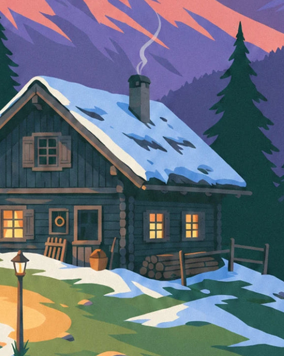 Le chalet en rondins aux fenêtres allumées, toit enneigé et fumée sous les pics violets