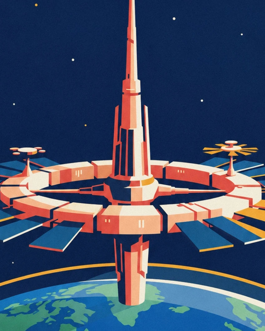 The space station with cream and coral modules orbiting above Earth