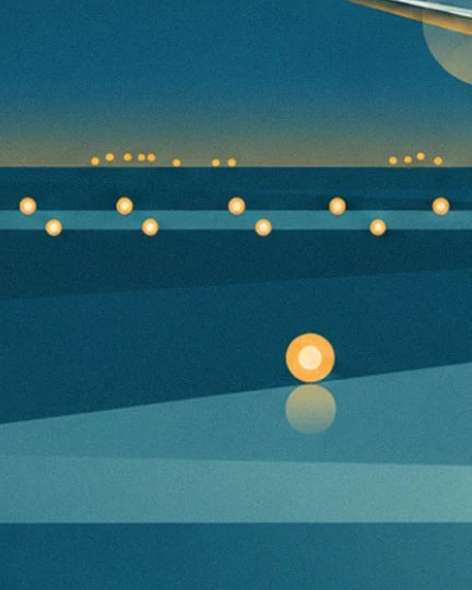 Les balises dorées de la piste nocturne et leur reflet sur le sol bleu
