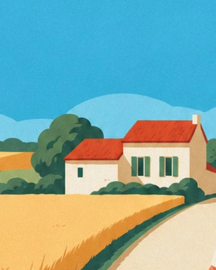 Une maison aux toits rouges et volets verts, entre champ doré et route de campagne