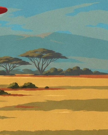 The acacia trees and bushes at the edge of the yellow savannah crossed by shadows