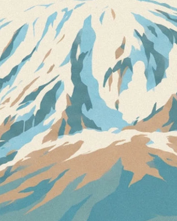 The snow-covered slopes of Kilimandjaro, between blue shadows and beige rocks
