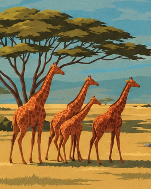 The 4 giraffes gathered beneath the acacia trees in the golden savannah