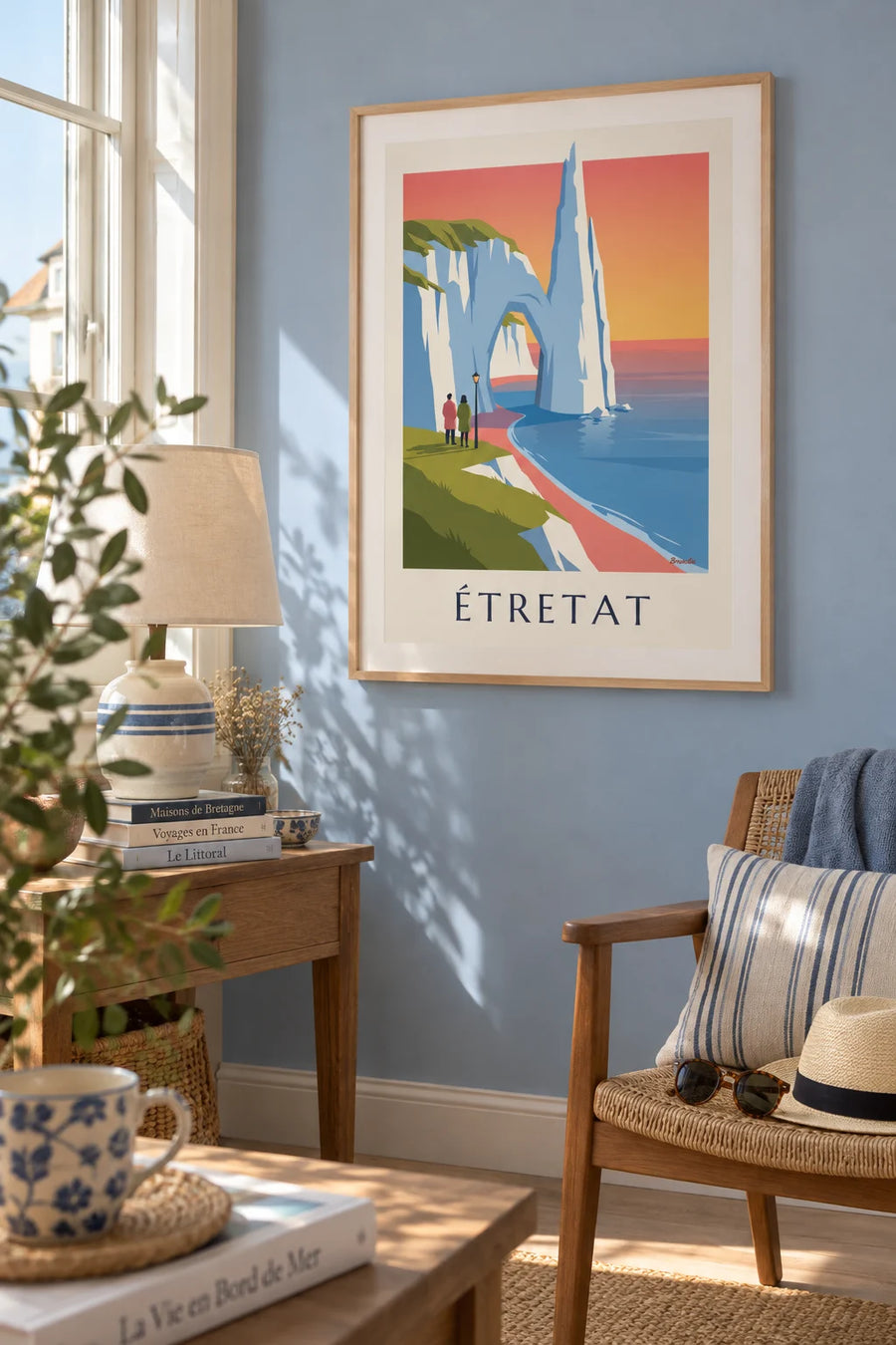 Poster of the white cliffs of Étretat at sunset: framed on the wall