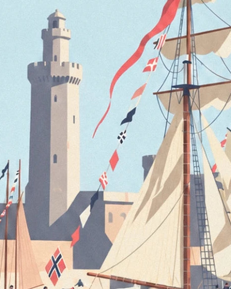 La tour du port de Brest derrière les voiles crème et les pavillons colorés