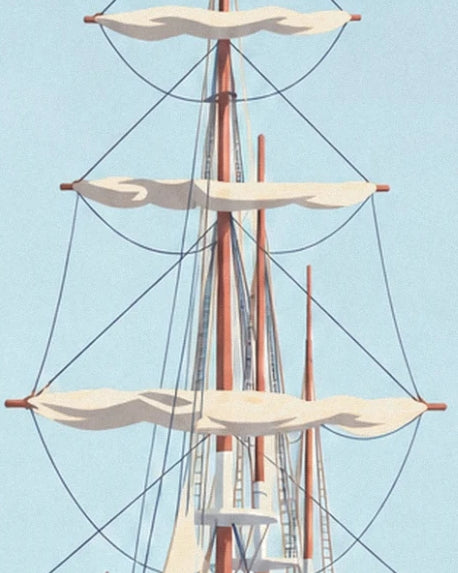 Les voiles crème repliées sur les vergues, entre les mâts bruns et les cordages