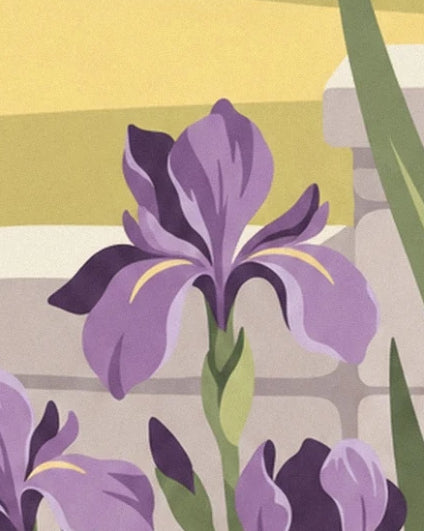 Un iris mauve devant un muret clair, entouré de boutons et de feuilles vertes