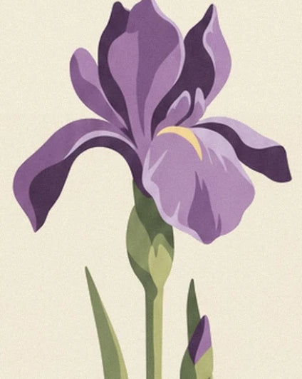 Un iris violet aux pétales déployés et aux touches jaunes, sur sa tige verte