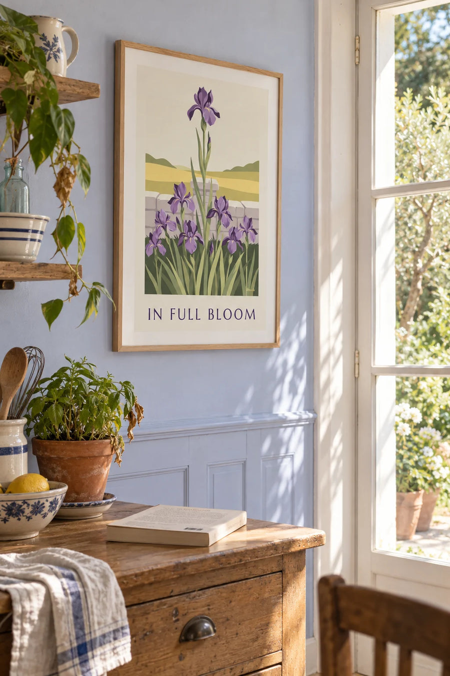 Affiche iris violets en pleine floraison dans un jardin : encadrée au mur