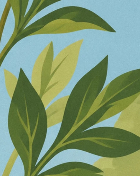 Un entrelacs de tiges et de feuilles vert sombre et vert tendre sur fond bleu