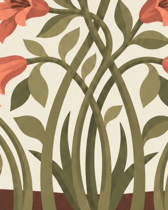 Un entrelacs de tiges courbes et de feuilles vert olive bordé de fleurs corail