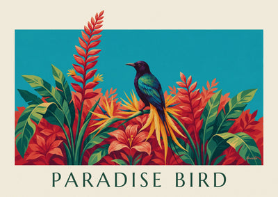 Poster paradijsvogel tussen tropische bloemen: de hele poster