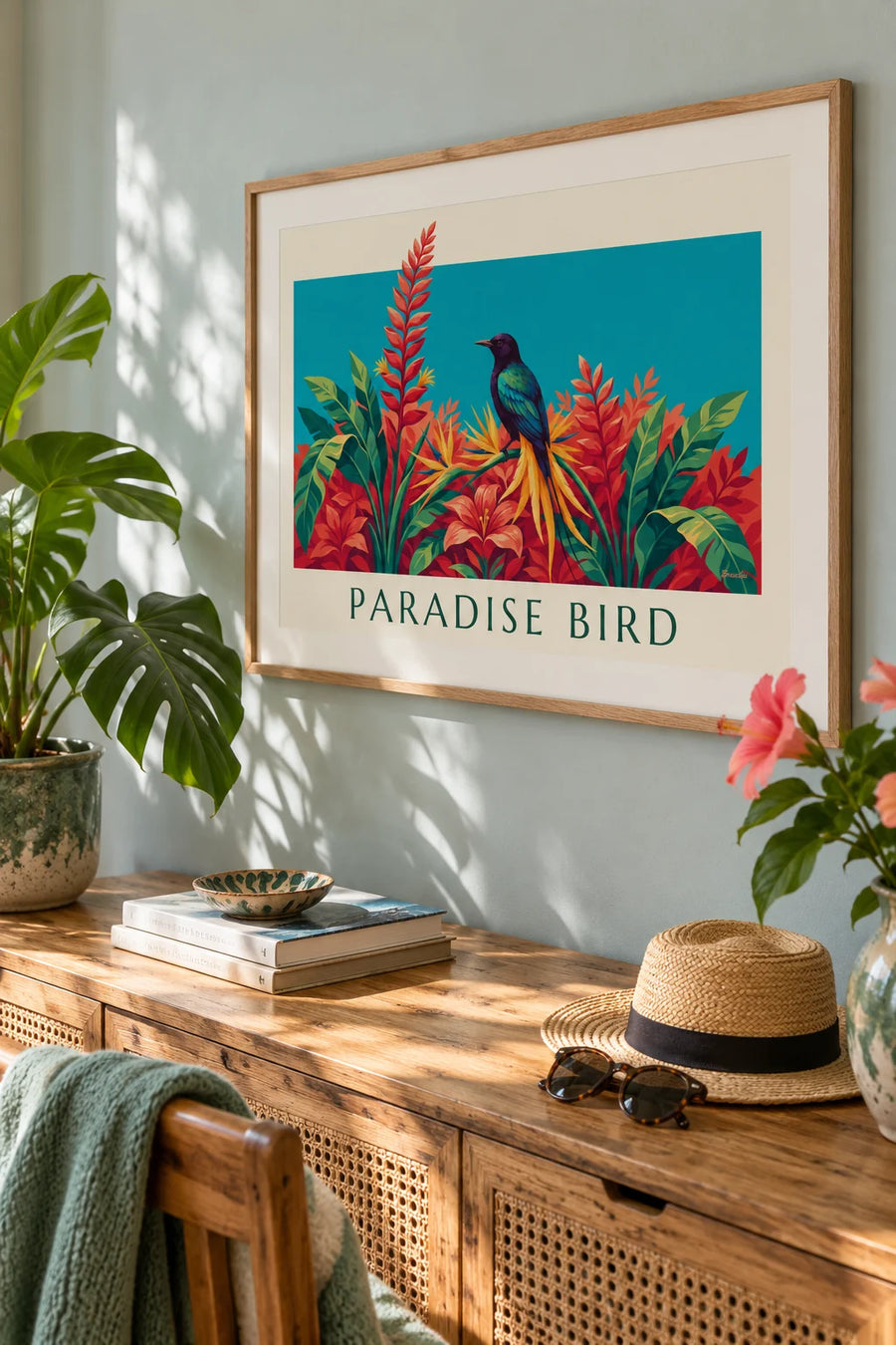 Poster paradijsvogel tussen tropische bloemen: ingelijst aan de muur