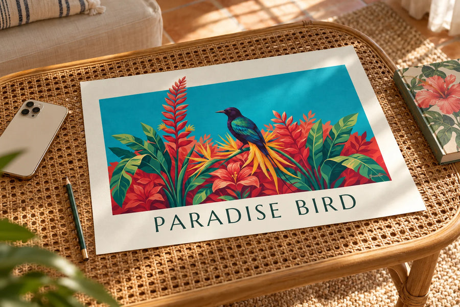 Poster paradijsvogel tussen tropische bloemen: op een tafel
