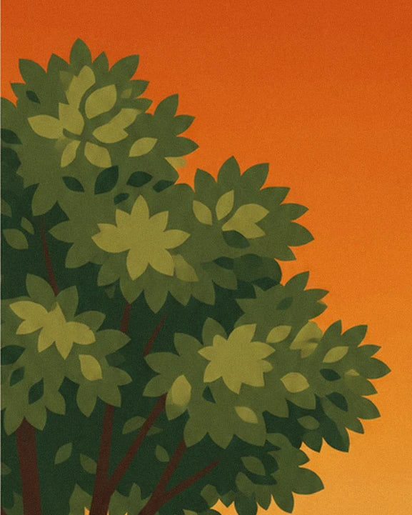 Green hop leaves silhouetted against an orange evening sky