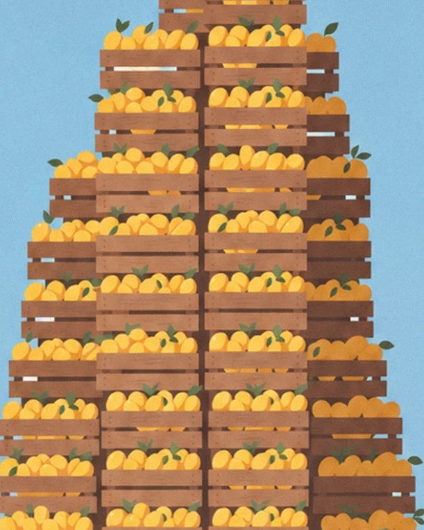 Les cagettes en bois empilées, remplies de citrons jaunes aux feuilles vertes
