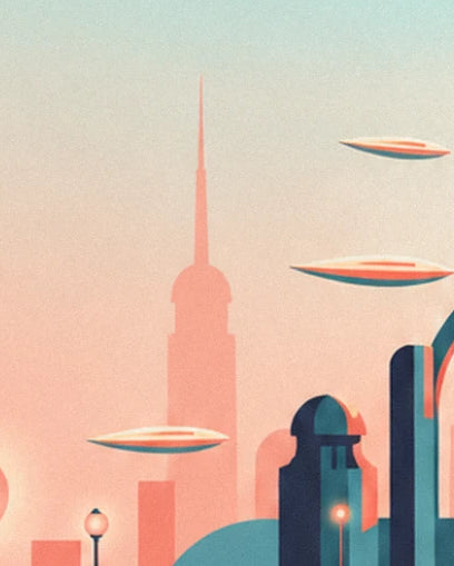 A slender pink tower and 3 sleek spacecraft in a peach sky, above the teal rooftops