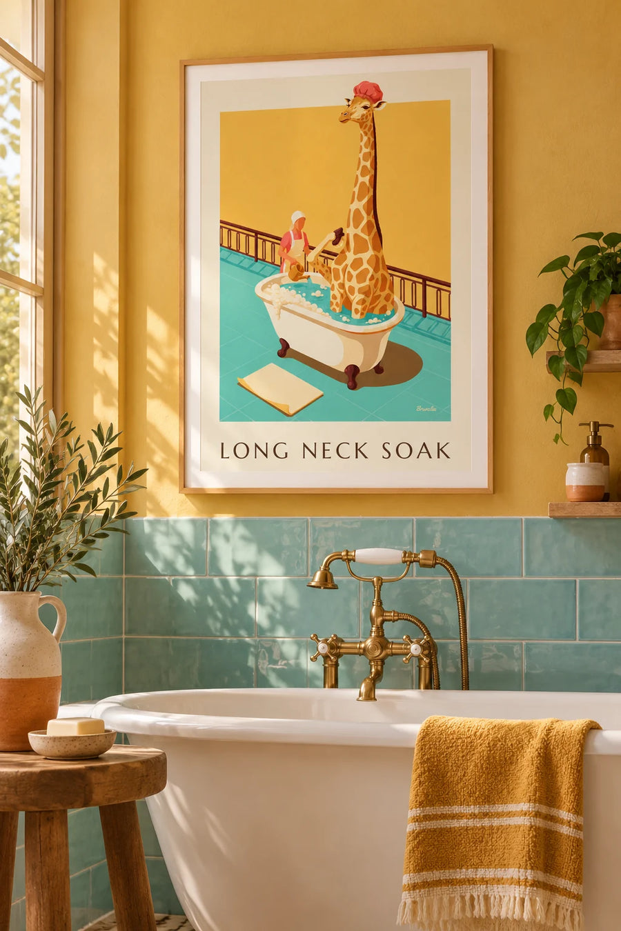 Affiche humoristique girafe dans un bain moussant : encadrée au mur