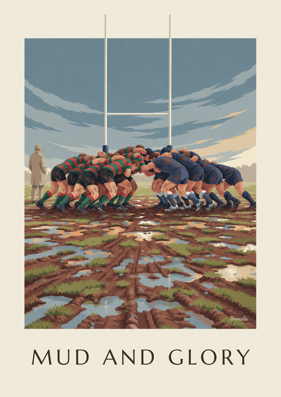 Poster rugbyscrum in de modder onder een regenachtige lucht