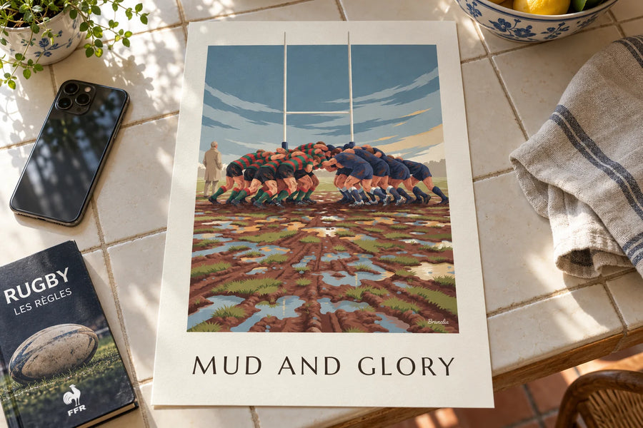 Poster rugbyscrum in de modder onder een regenachtige lucht: op een tafel
