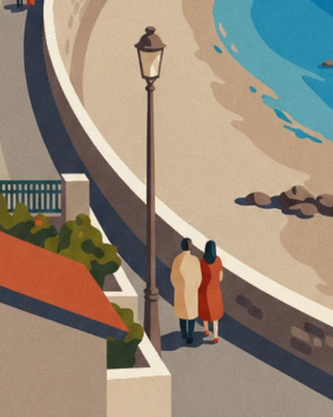 Le couple en manteau beige et robe rouge qui longe le muret, sous un lampadaire