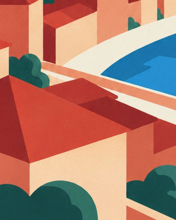 Les maisons aux toits rouges parmi les arbres verts, au bord de l’Isère bleue