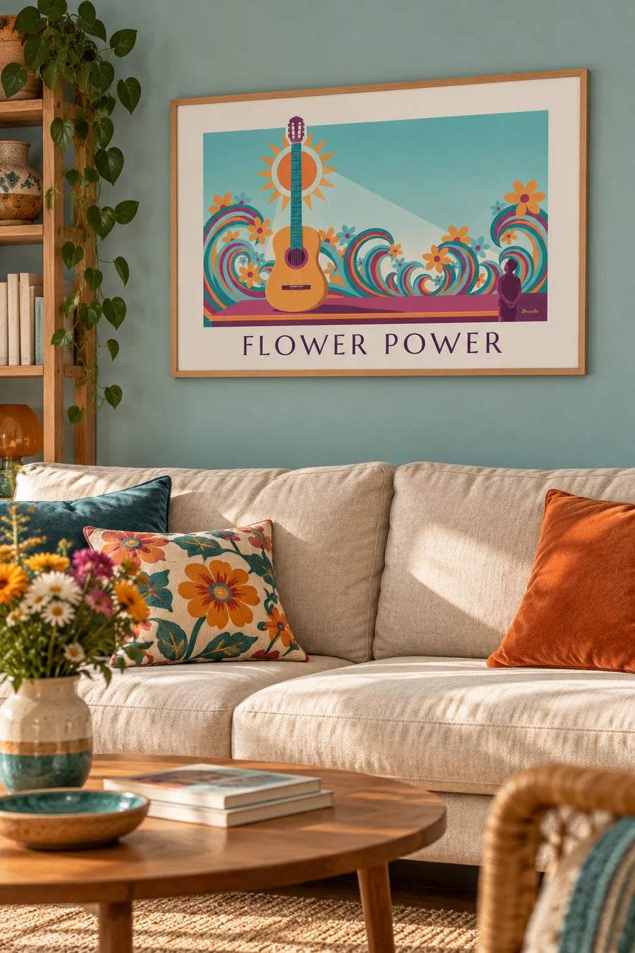 Poster akoestische gitaar en psychedelische golven Flower Power: ingelijst aan de muur