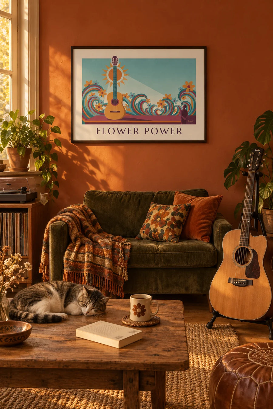 Acoustic guitar and psychedelic waves Flower Power poster: framed on the wall