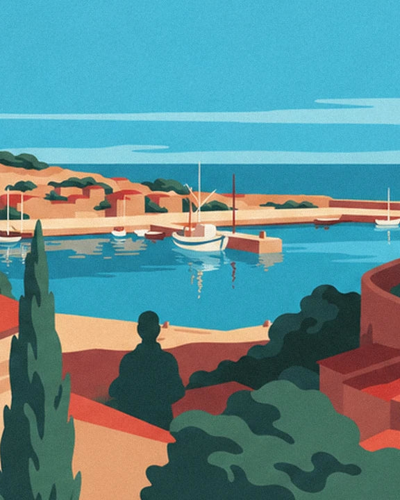 The calm harbour and its white sailing boat, seen from beside a cypress and a figure on the rooftops