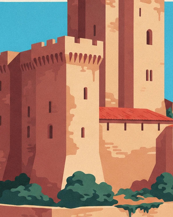 The crenellated tower of the ochre stone fortress, beneath a blue sky