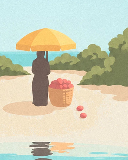 The woman in a dark dress beneath her yellow parasol, near a basket of red fruit on the sand