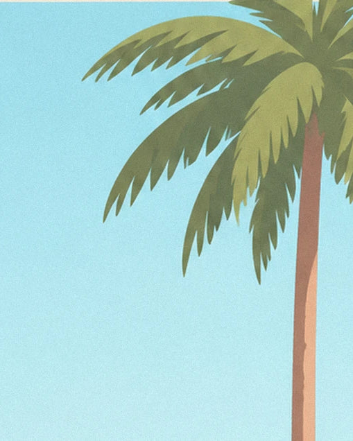 The coconut palm with olive green fronds and a brown trunk, against a turquoise blue sky