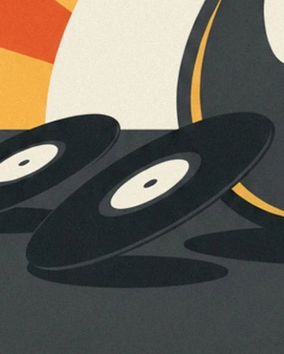 The black vinyl records with cream labels at the foot of the guitar