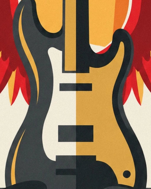The black, cream and yellow electric guitar body framed by red wings