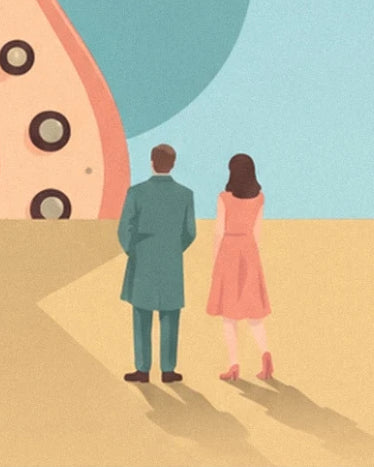 A couple seen from behind in a green suit and coral dress, casting long shadows on the ochre ground