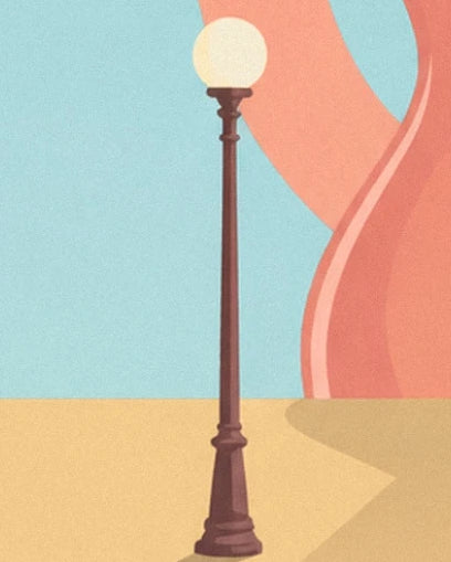 A brown street lamp with a cream globe in front of coral curves and a turquoise-blue background