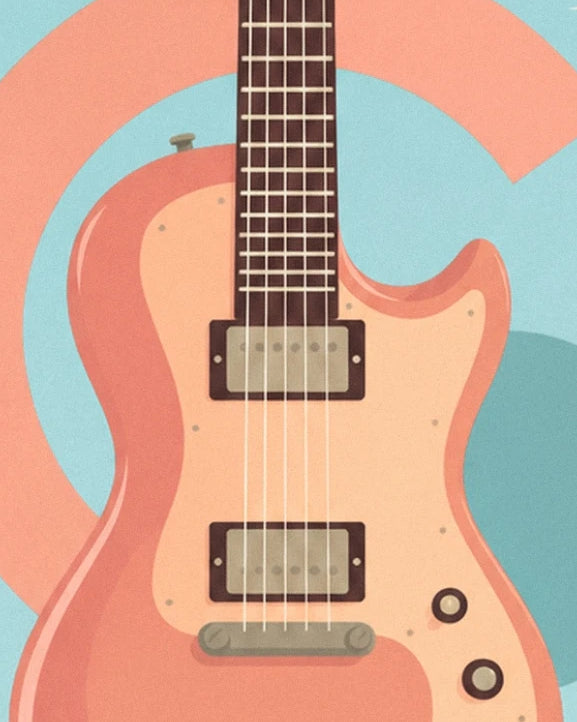 The coral body of the electric guitar, its 2 pickups and cream scratchplate