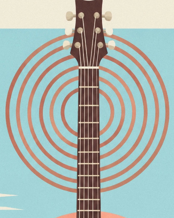 The brown guitar neck and its 6 tuning pegs in front of coral concentric circles