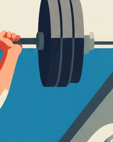 Une main serrée sur la barre chargée de disques sombres, sur fond bleu