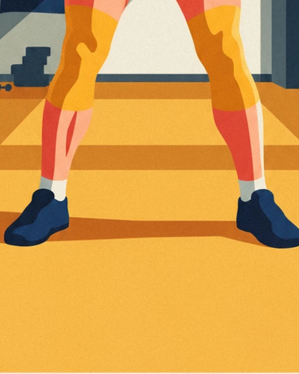 Les jambes écartées de l’haltérophile et ses chaussures bleues sur le sol doré