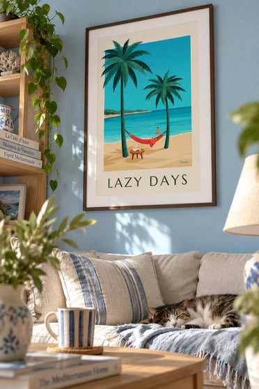 Poster hangmat, boek en glas aan zee: ingelijst aan de muur