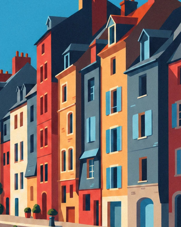 Narrow red, yellow and blue-grey façades with blue shutters, lined up along the quay