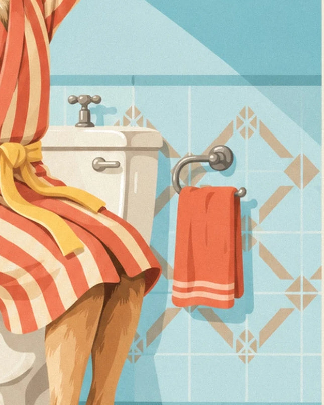 The dressing gown with a yellow belt, the toilet cistern and the orange towel against the blue tiles