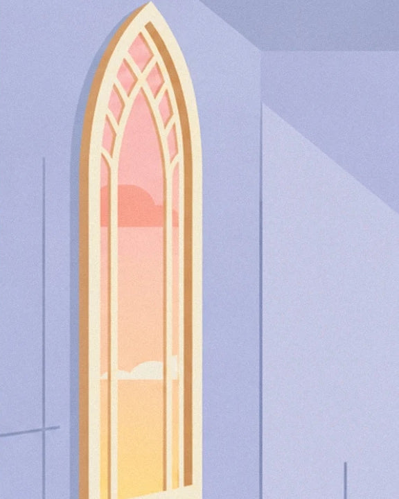 The tall pointed-arch window in shades of pink and gold on the mauve wall