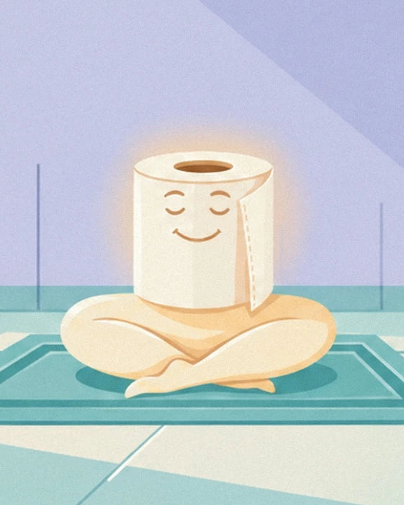 The smiling toilet roll sitting in the lotus position on a turquoise mat