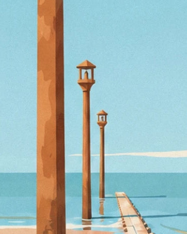 The tall markers of the passage du Gois and their refuge platforms above the blue water